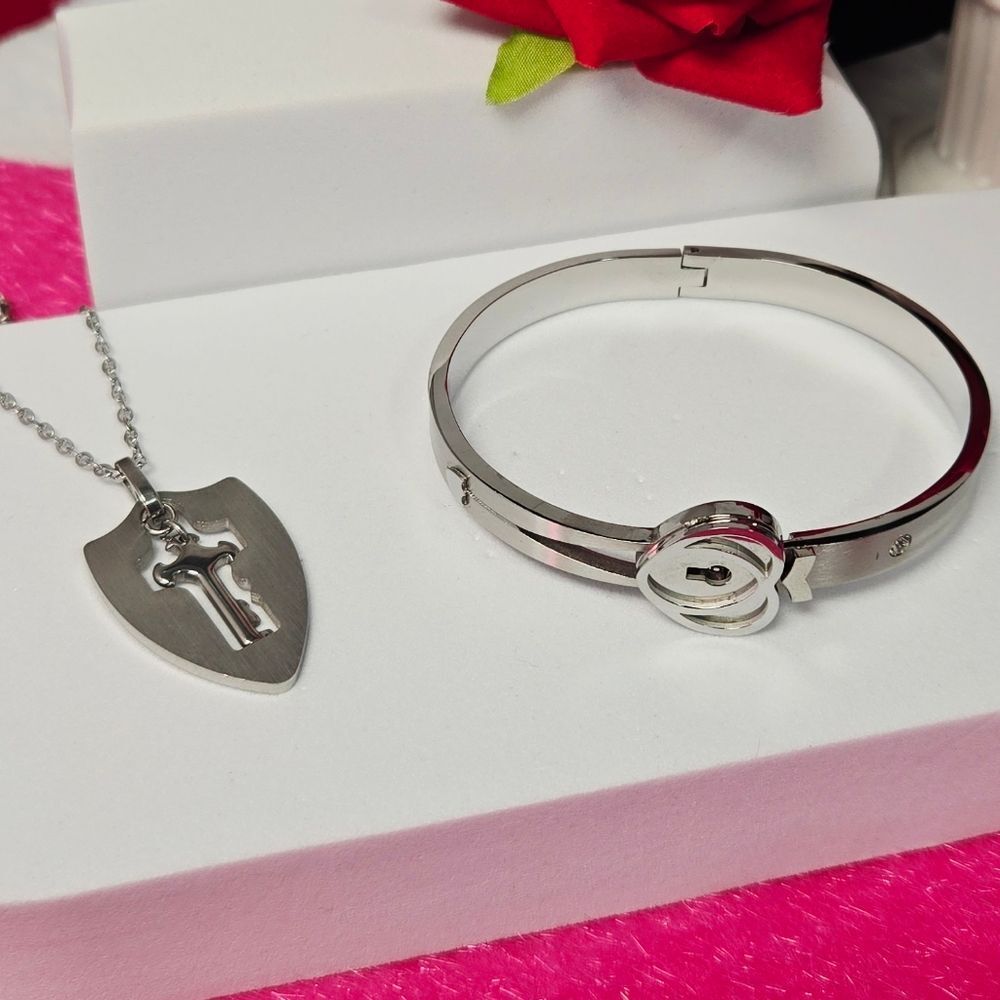 Silver Forever Love Lock & Key Jewelry Set Heart Cuff Bracelet Shield Necklace